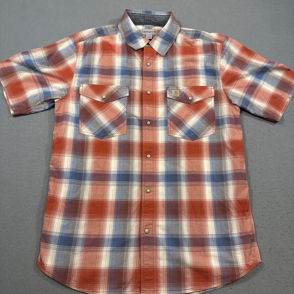 Carhartt Relaxed Fit Short Sleeve Pearl Snap Button Plaid Multicolor Size MEDIUM